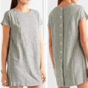 Madewell | Blue White Stripe Play Button Back Linen Blend Preppy Dress Size S
